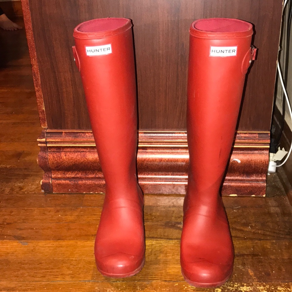 Red tall hunter boots